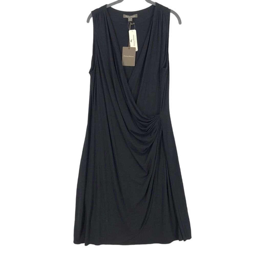Tommy Bahama Tambour Wrap Dress Women's XL Black Stretch Ruched Side Sleeveless